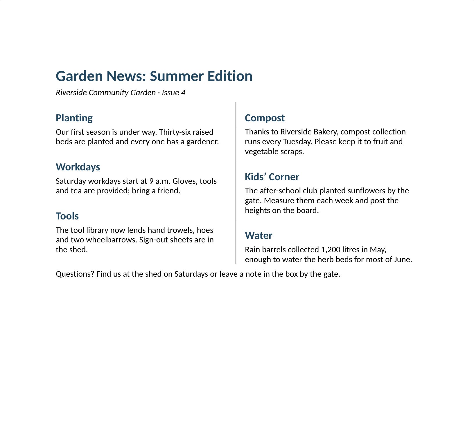 A two-column garden newsletter with headings and a column rule, laid out on a page in Quillpage