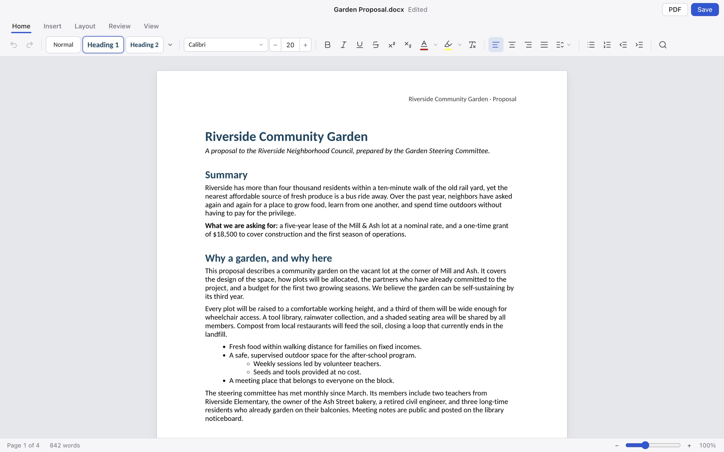 A four-page PDF proposal converted into an editable document in Quillpage