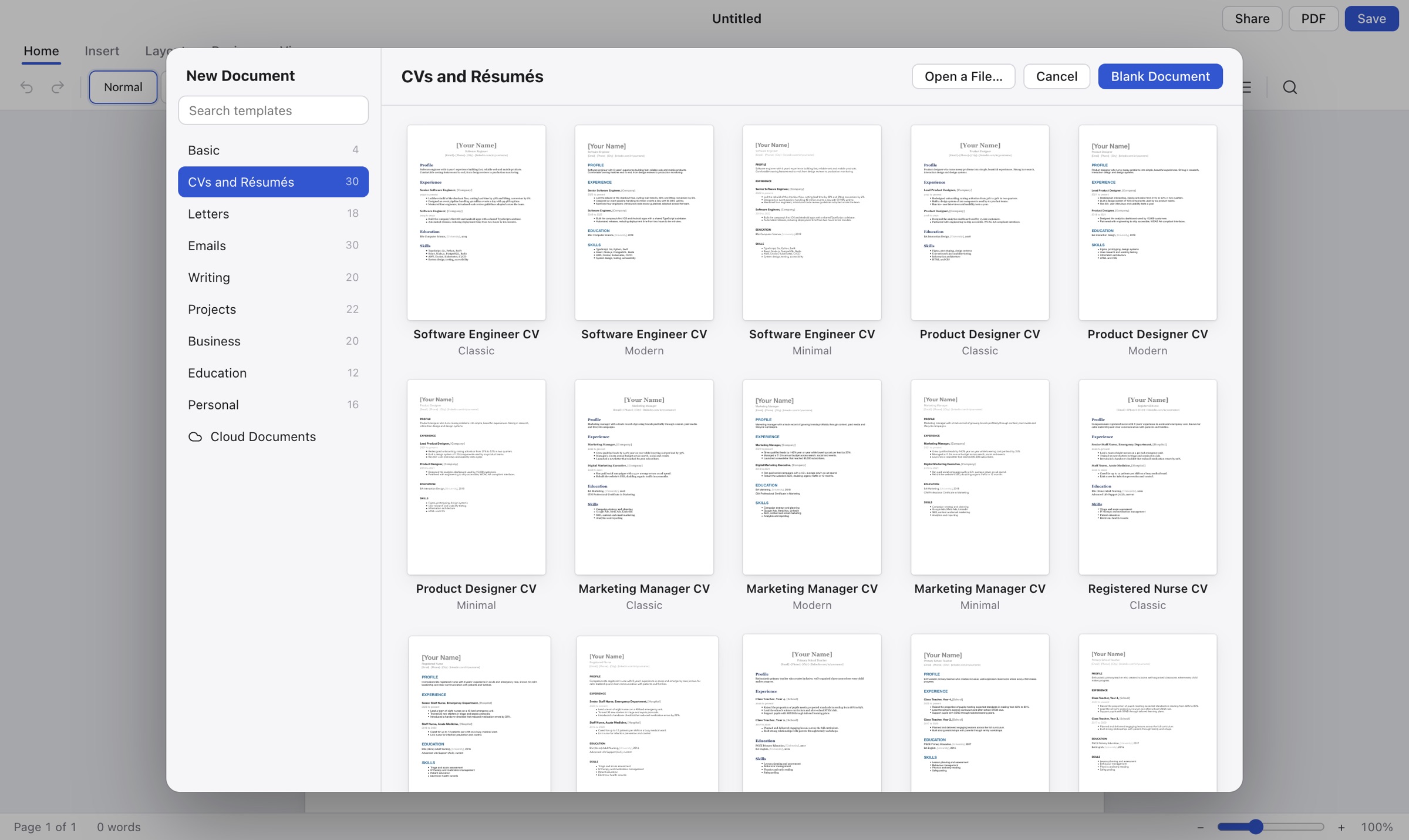 Quillpage’s template gallery showing CV templates in Classic, Modern and Minimal styles